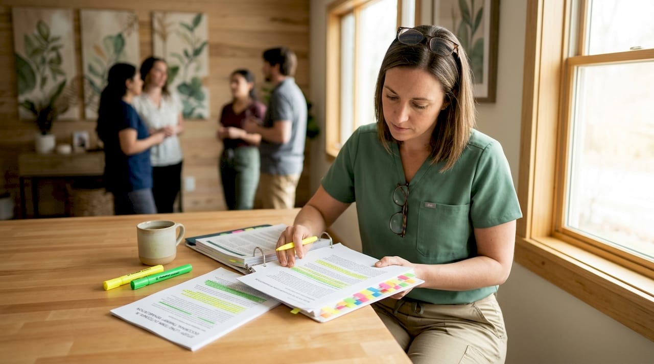 Clinician reviews physical therapy research articles