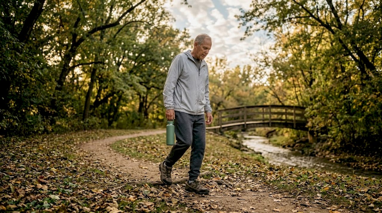 Older man walking on uneven park path