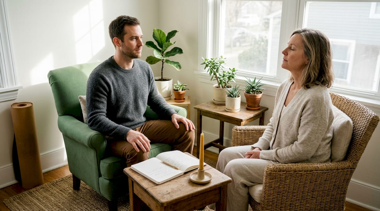 Physical therapist teaching breathing in living room