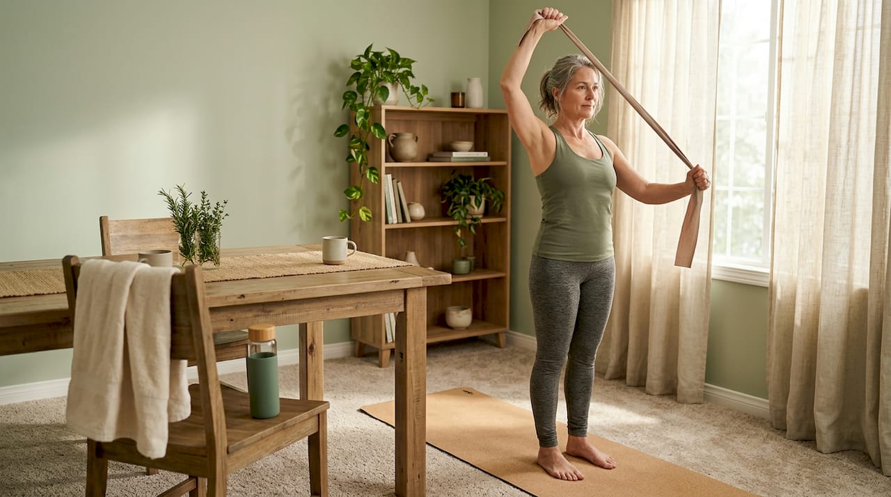 Woman stretching in sunlit living room for wellness