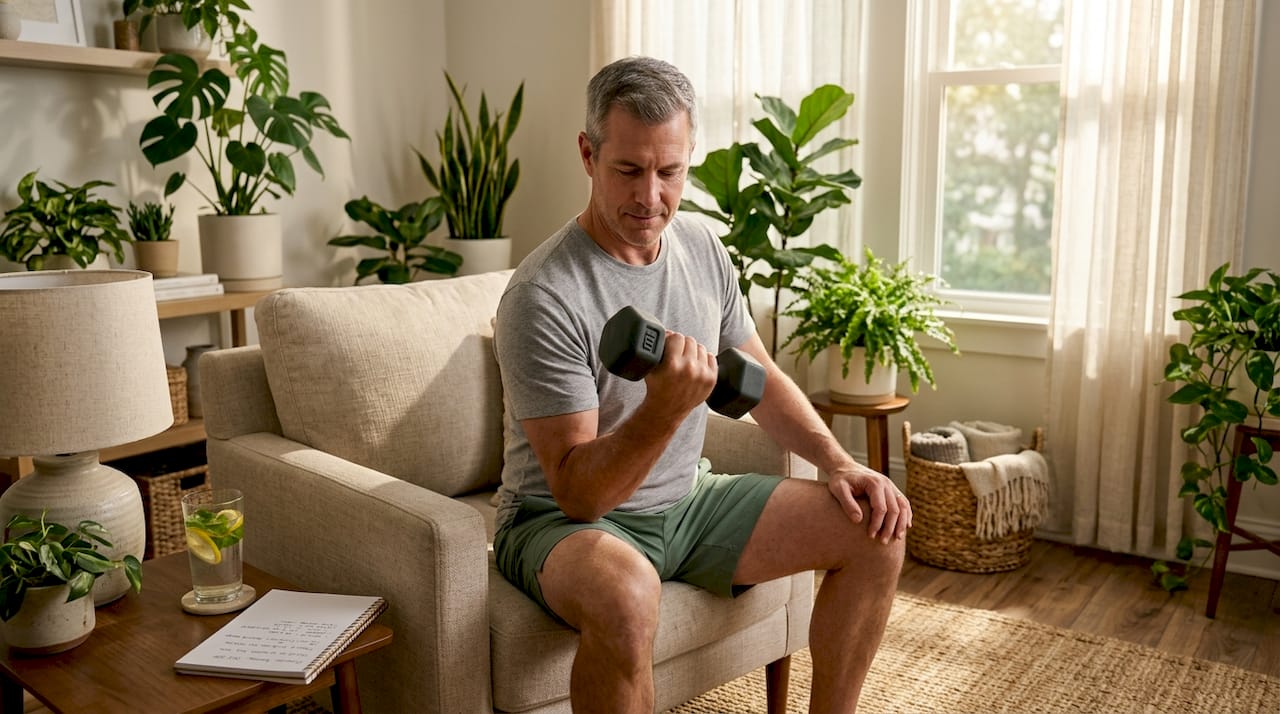 Man performs rehab exercise at kitchen table