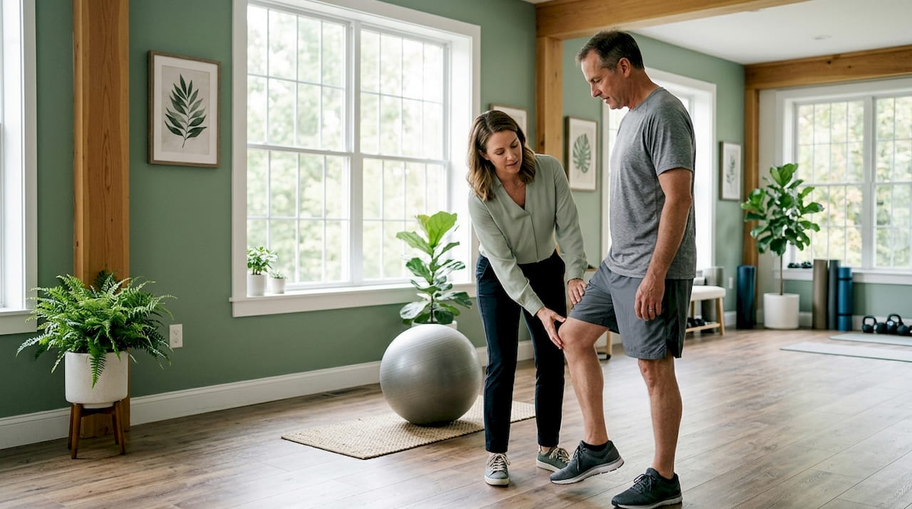 Therapist guides patient at local gym