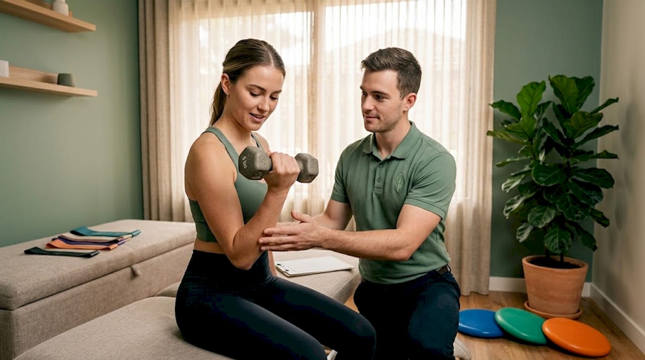 Woman doing guided resistance rehab