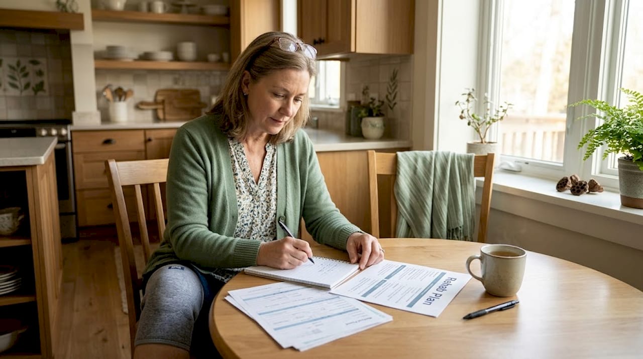 Middle-aged woman planning rehab at kitchen table