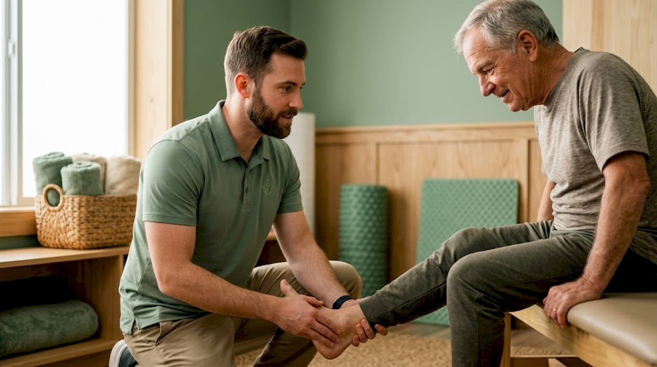 Therapist guiding early rehab session in clinic