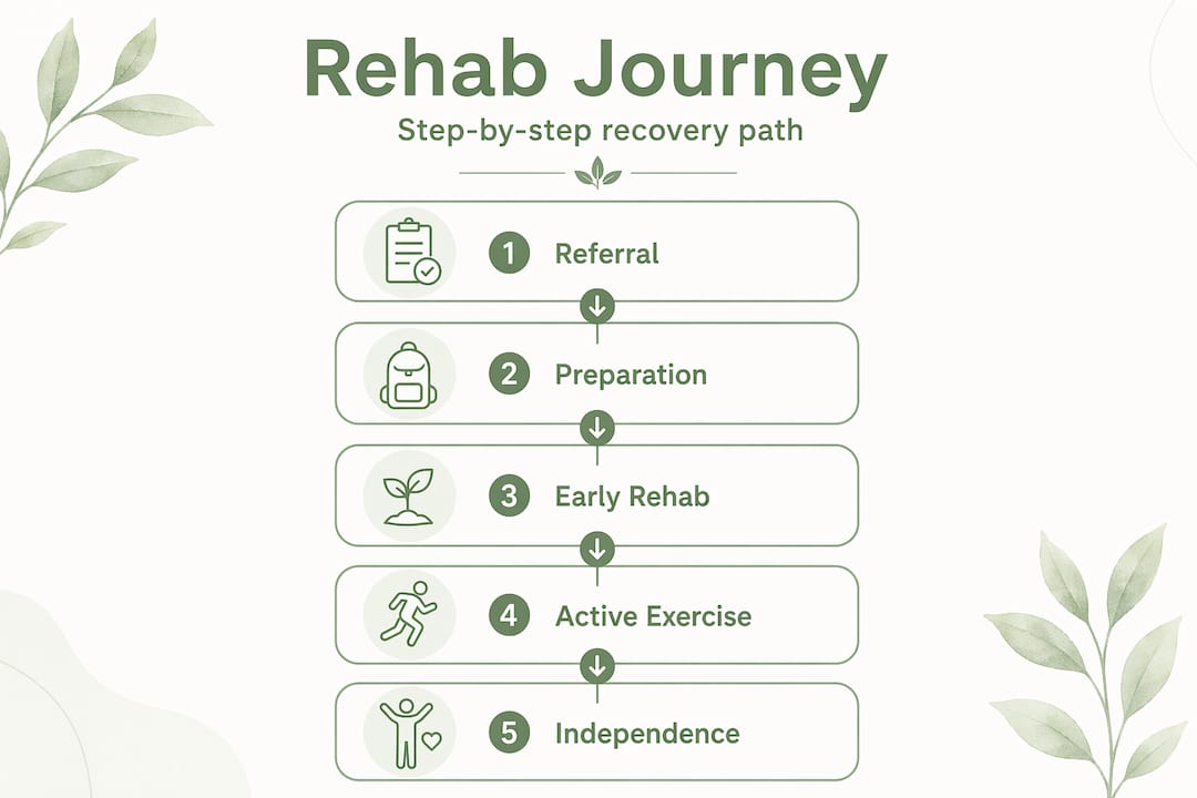 Vertical flow infographic of rehab journey steps