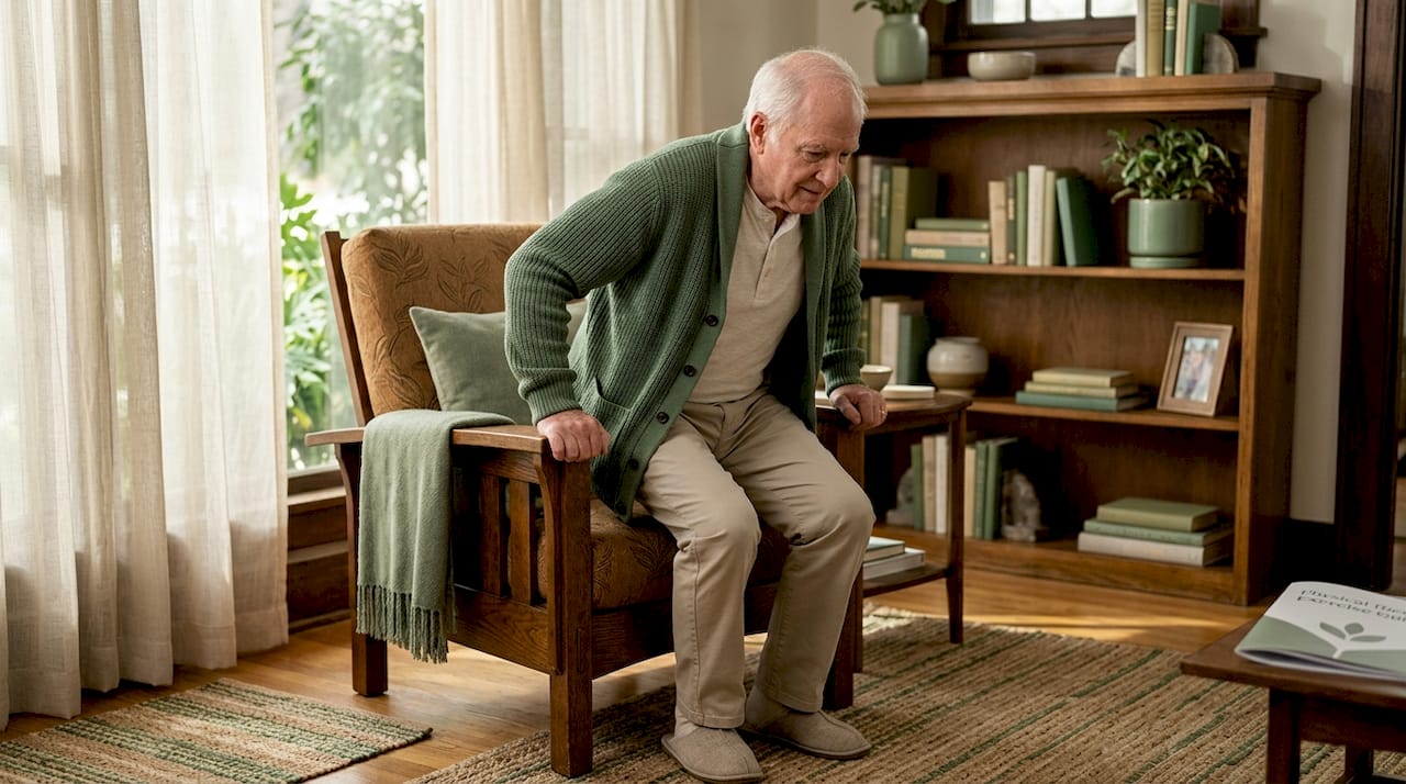 Senior man performing chair stand exercise