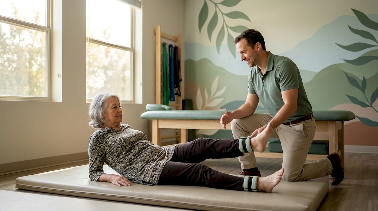 Senior woman engaged in physical therapy