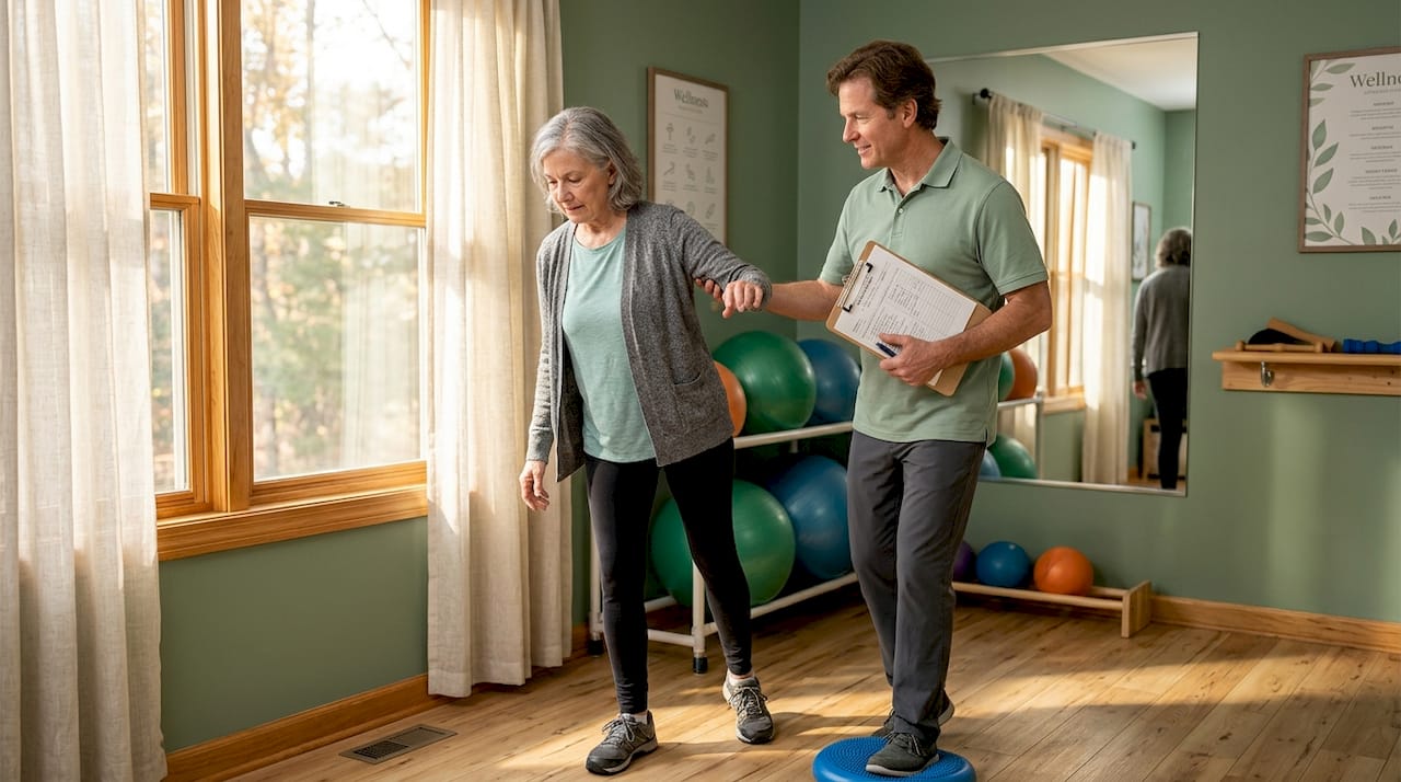 Physical therapist guiding balance exercises