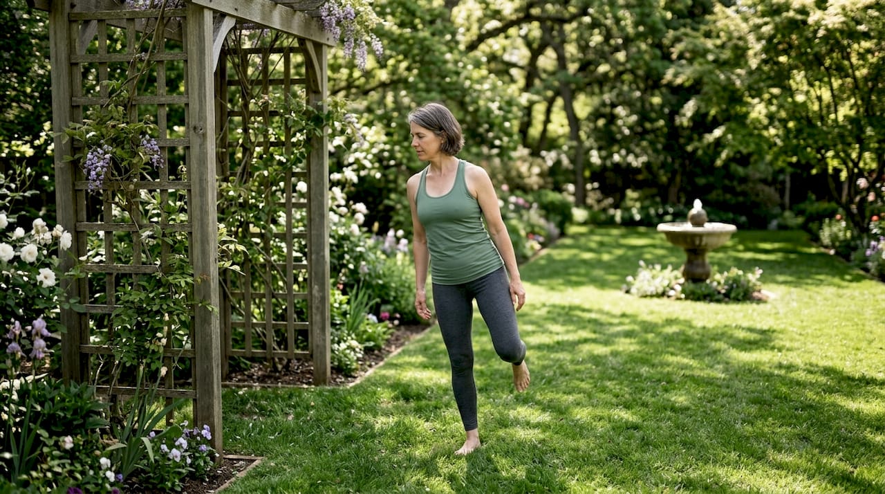 Woman performing balance exercise barefoot at home