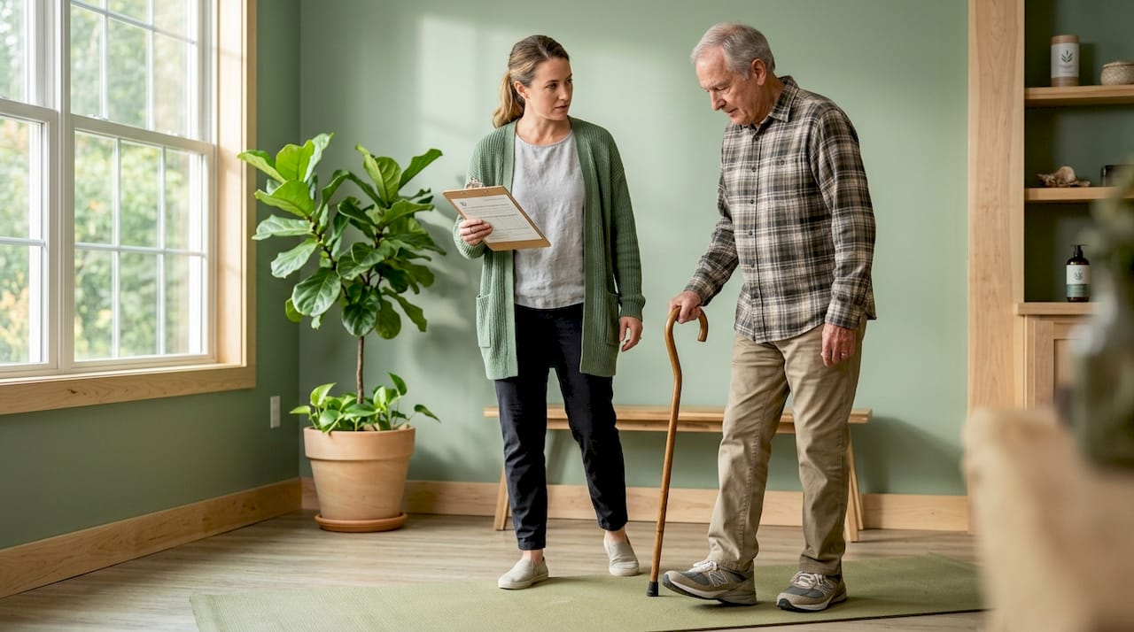 Therapist assisting elderly man in tandem walking exercise