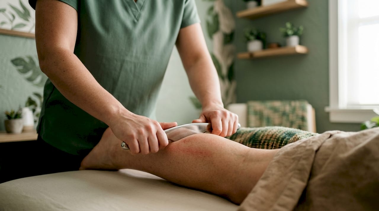 Therapist using instrument-assisted soft tissue mobilization