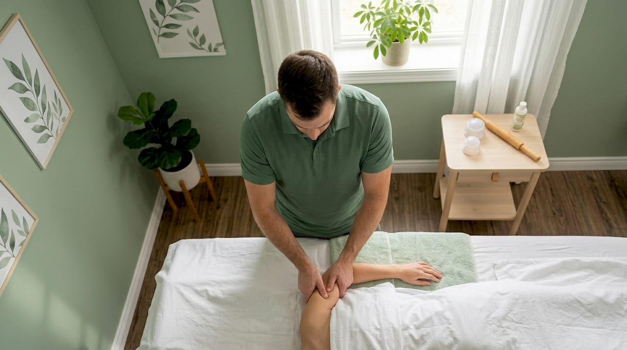 Physical therapist applying soft tissue mobilization