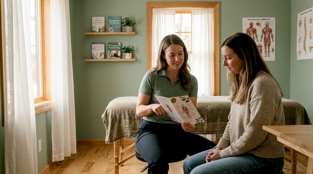 Physical therapist educating patient in clinic