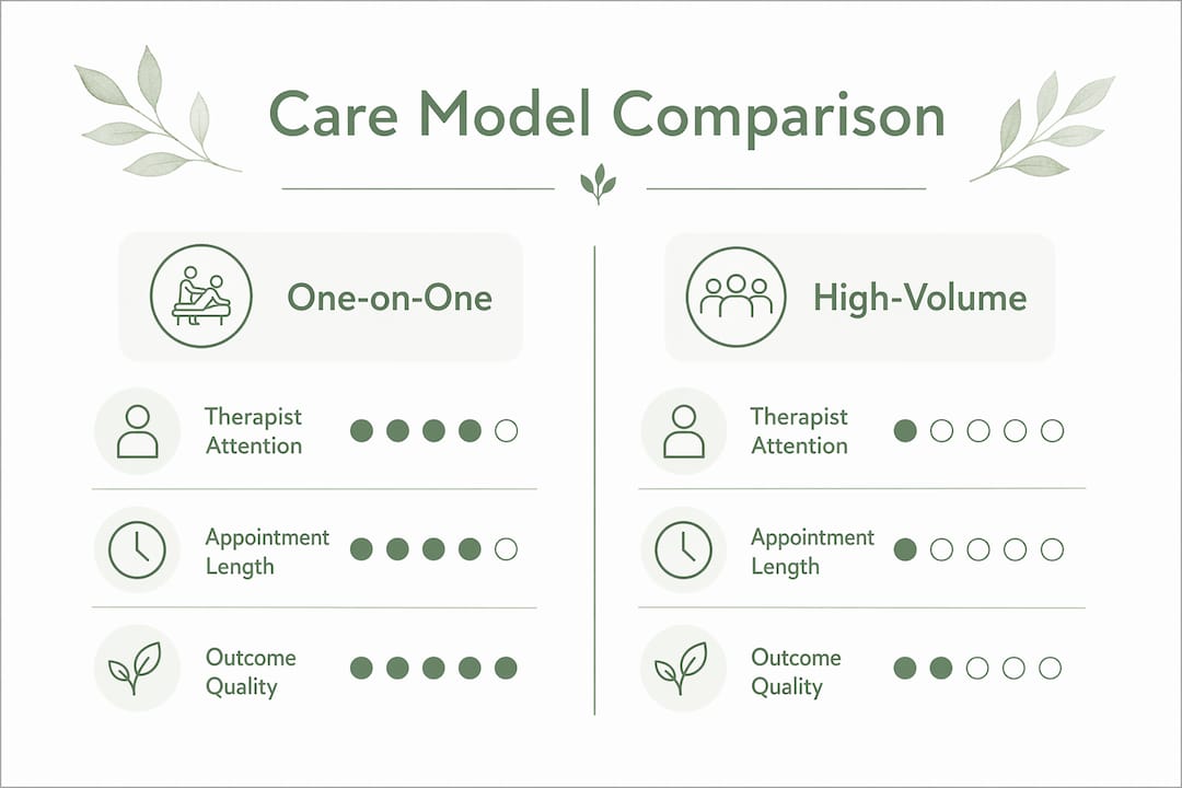 Infographic comparing one-on-one and high-volume physical therapy