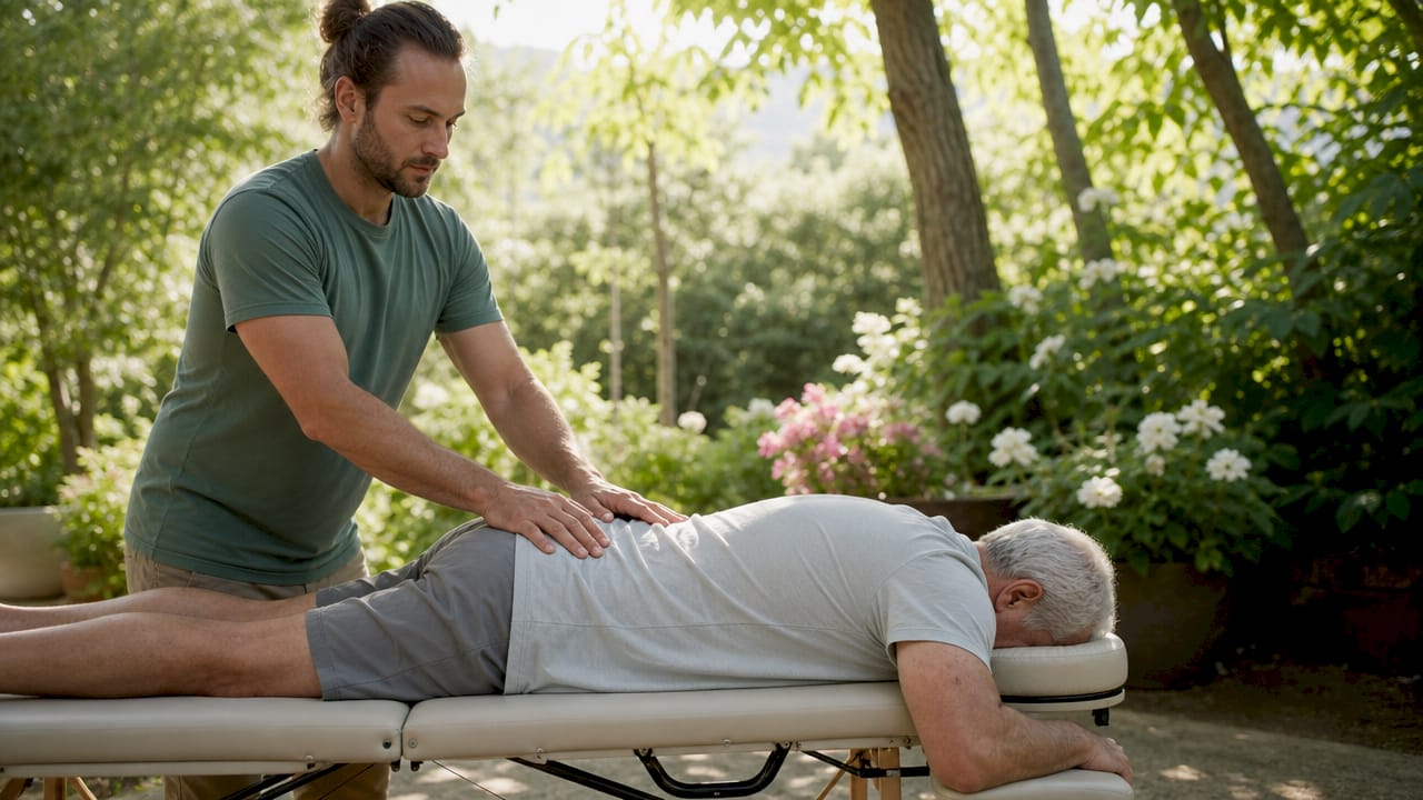 Hands performing physical therapy back assessment