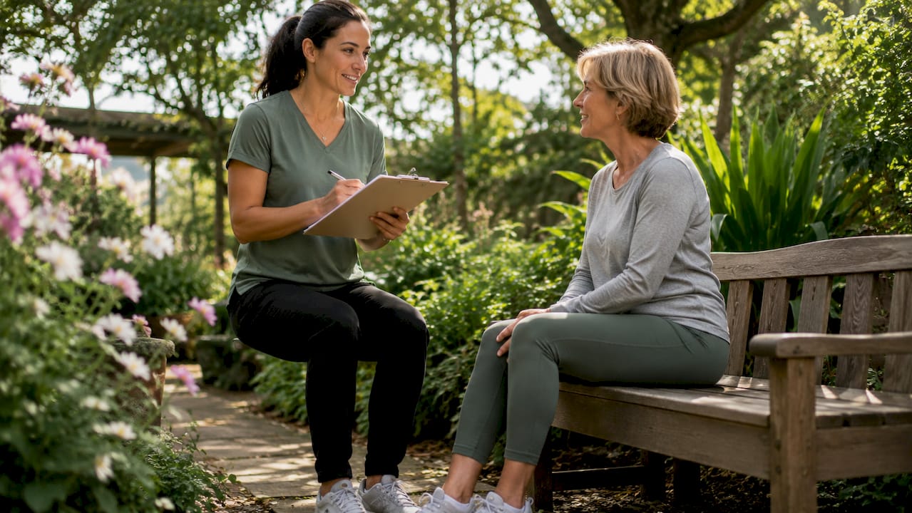 Physical therapist reviewing evaluation form with patient