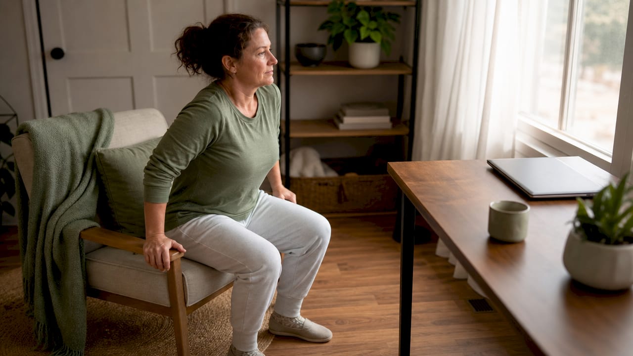 Woman practicing sit-to-stand at home
