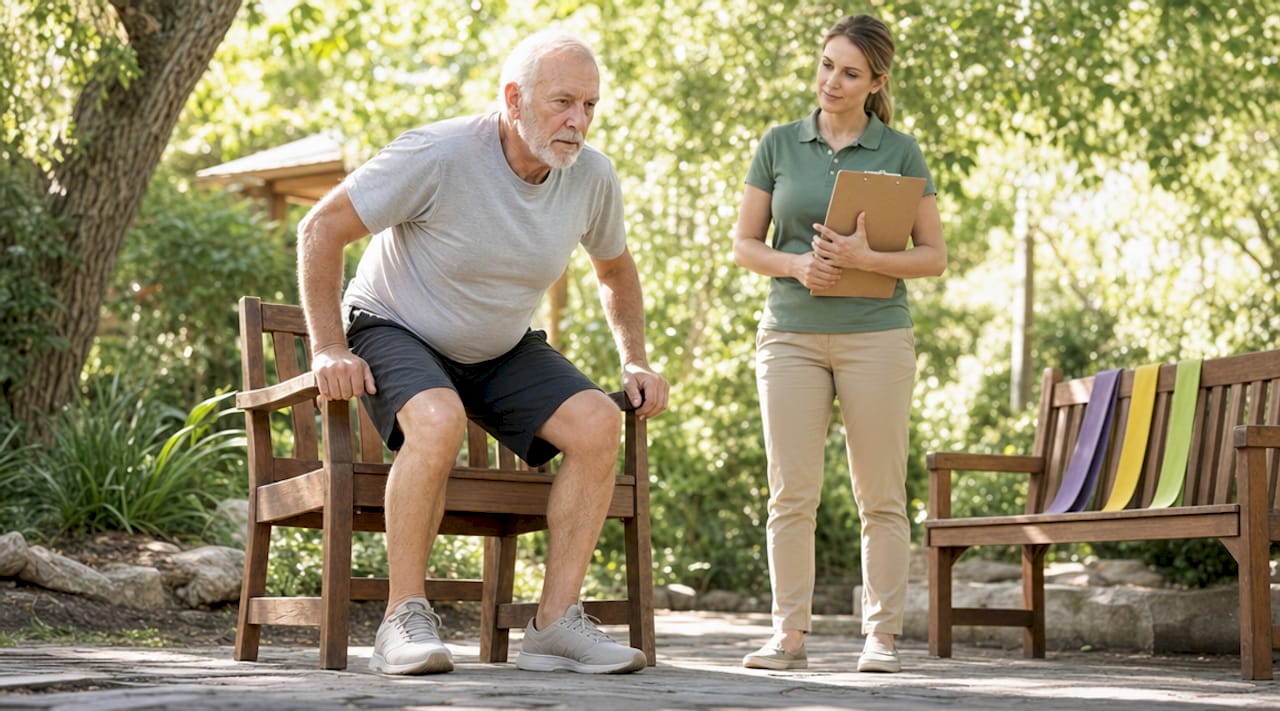 Elderly man doing chair stand test with therapist
