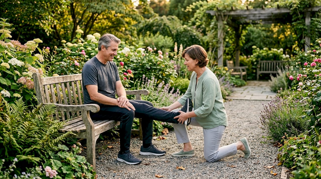 Physical therapist assisting patient with stretching
