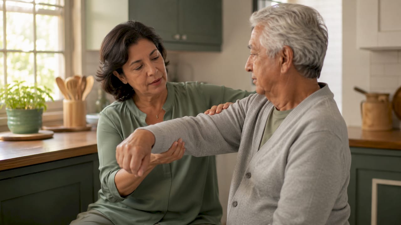 Therapist guiding elderly patient’s arm exercise