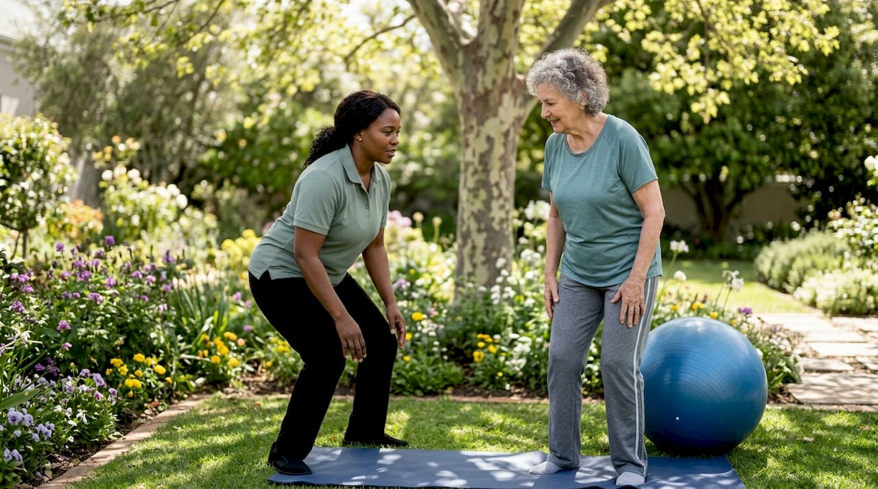Senior woman doing physical therapy with therapist