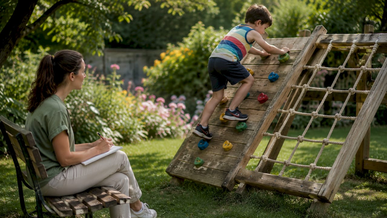 Child climbing jungle gym during therapy session