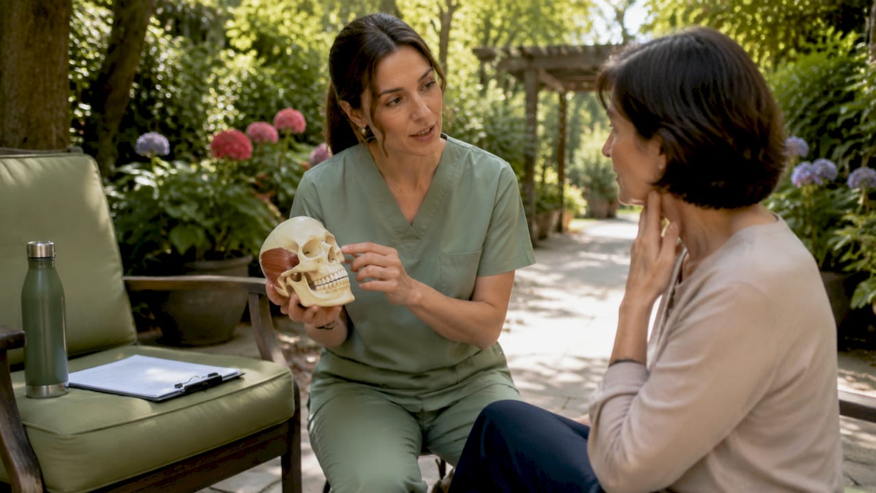 Physical therapist explains TMJ therapy to patient