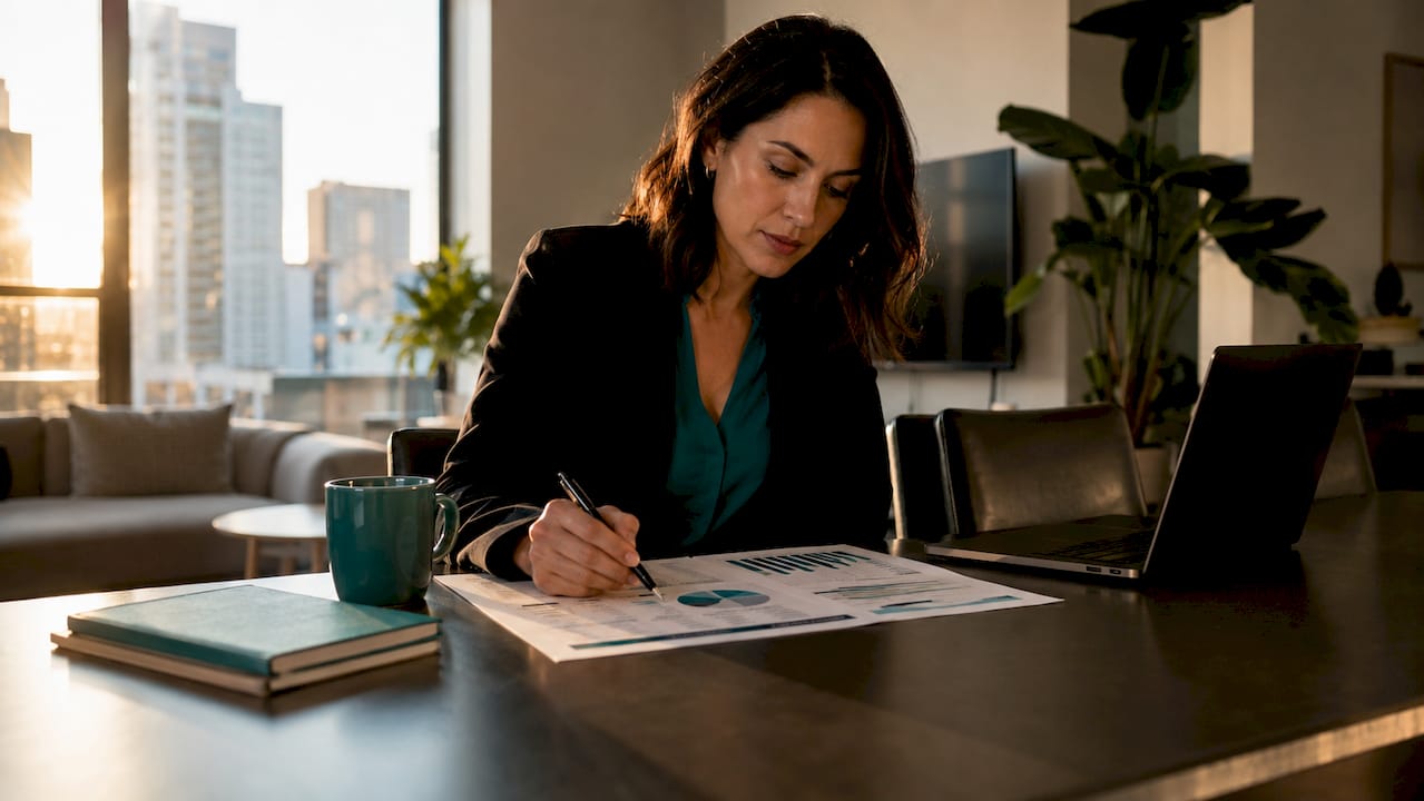 Businesswoman reviewing multifamily revenue report