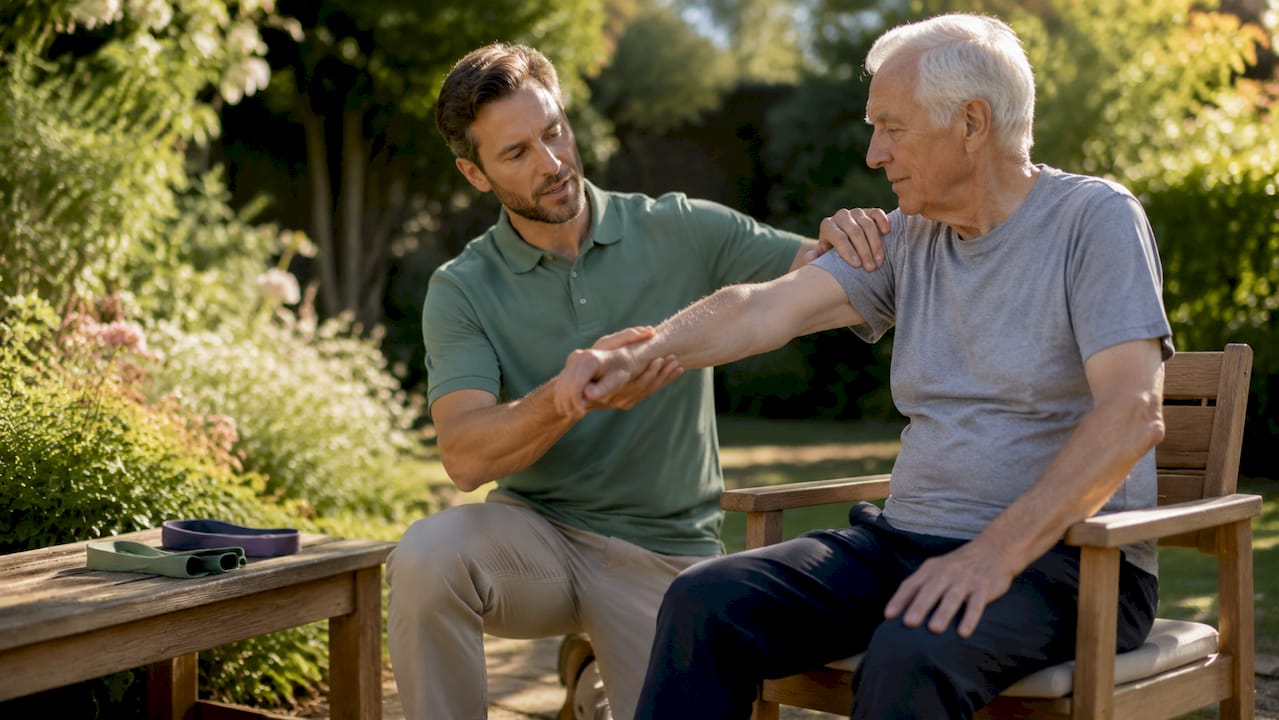 Physical therapist demonstrating arm range of motion