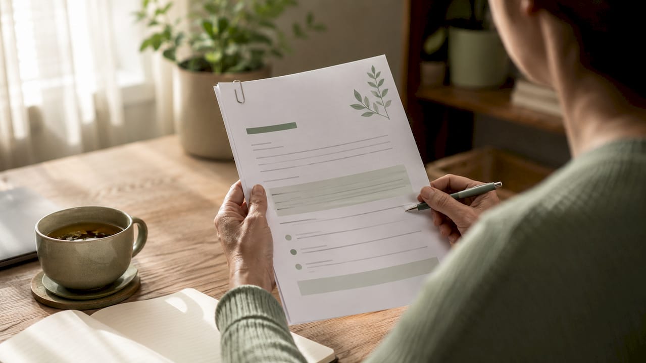 Hands holding physical therapy plan document