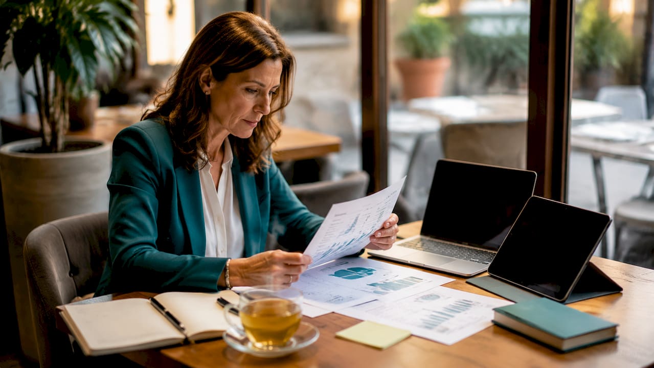 Businesswoman reviewing revenue software options