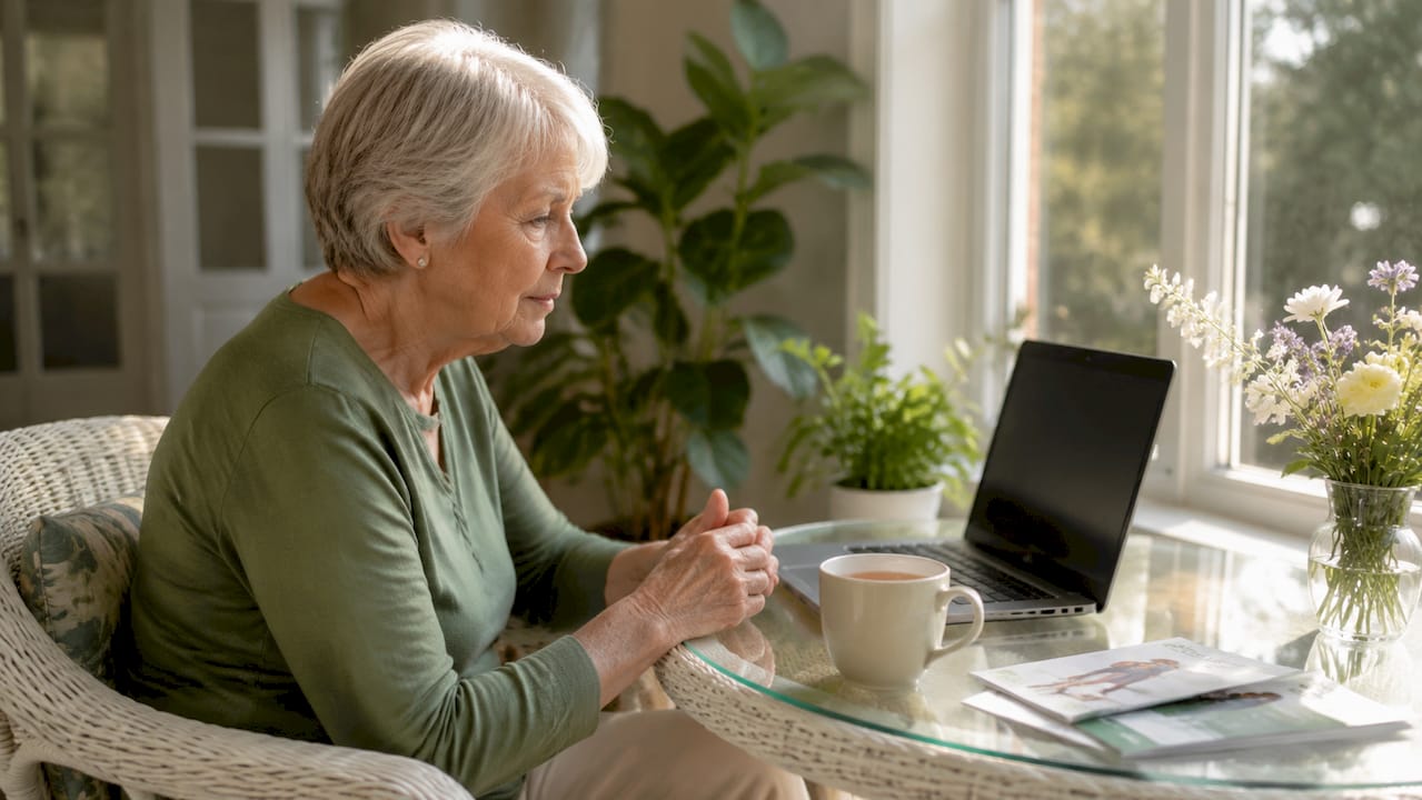 Senior woman consulting physical therapist online at home