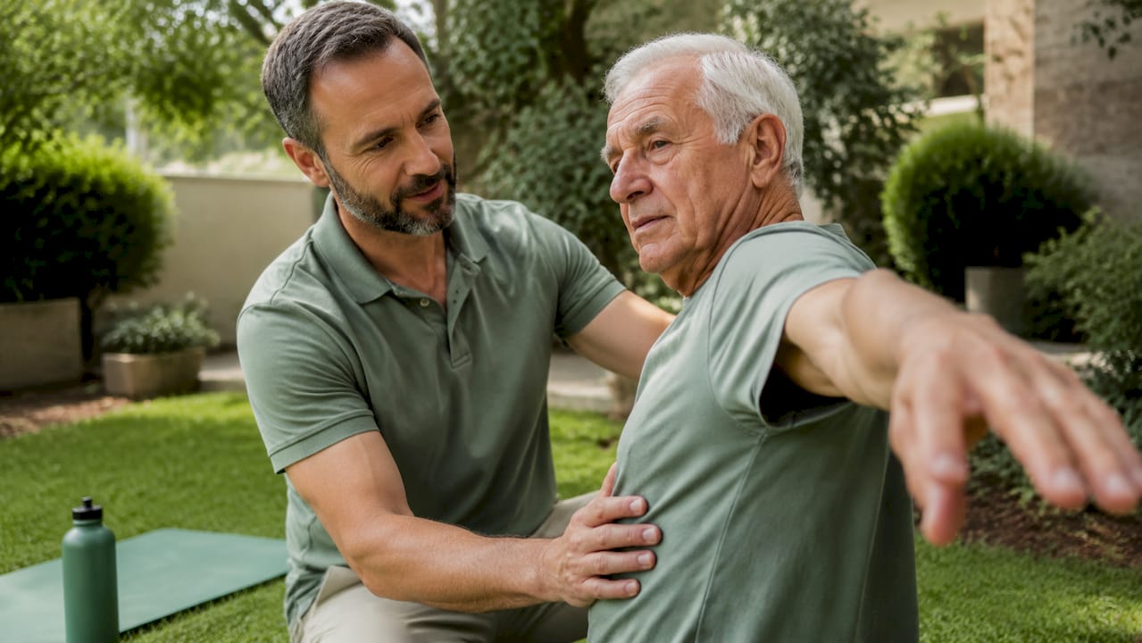 Physical therapist assisting elderly man in clinic session