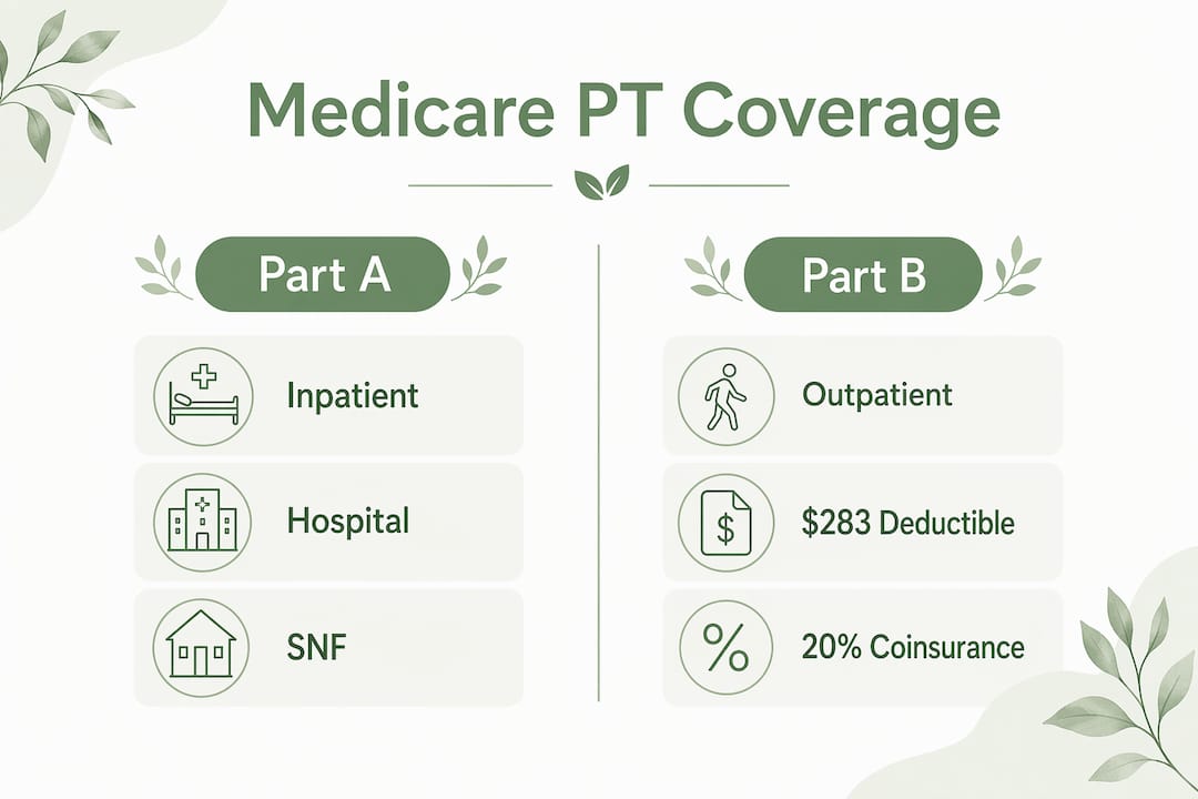 Comparison infographic of Medicare Part A and Part B physical therapy coverage