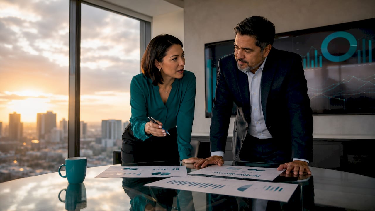 Two colleagues discussing pricing strategy documents