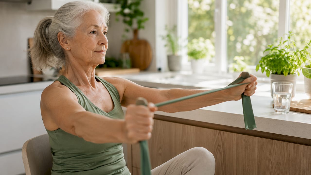 Senior woman doing arm rehab exercises at home