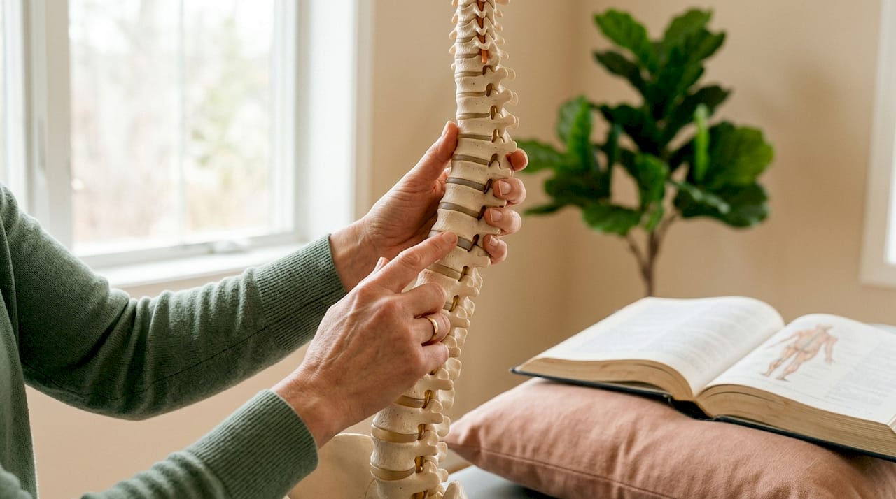 Hands holding spine model explaining posture