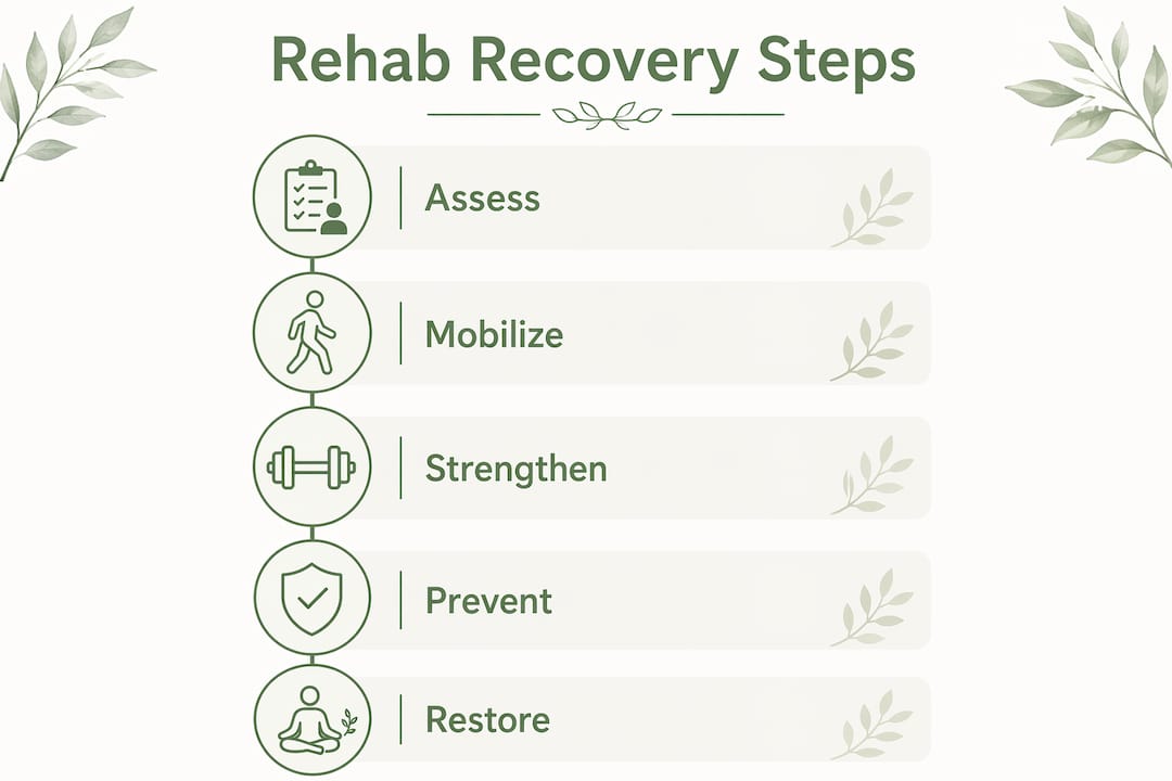 Infographic outlining five key steps of post-surgical rehab recovery