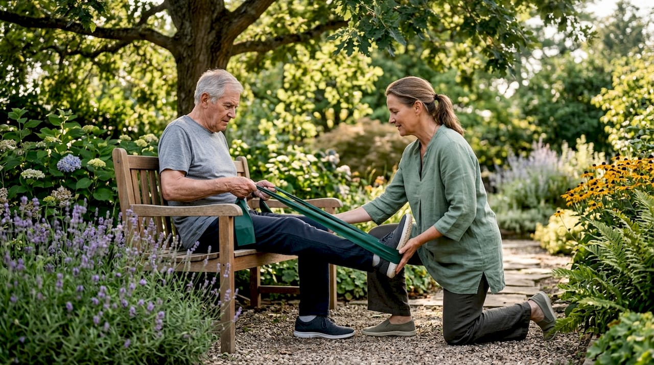 Physical therapist assisting elderly patient with leg stretches