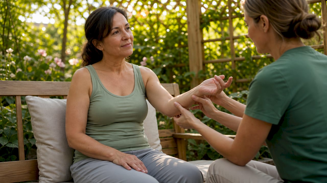 Hands assessing patient wrist movement during therapy