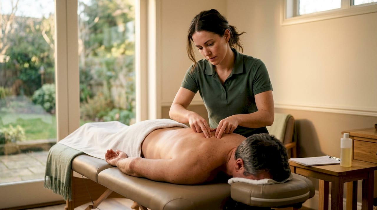 Neuromuscular therapist applying pressure on patient’s back