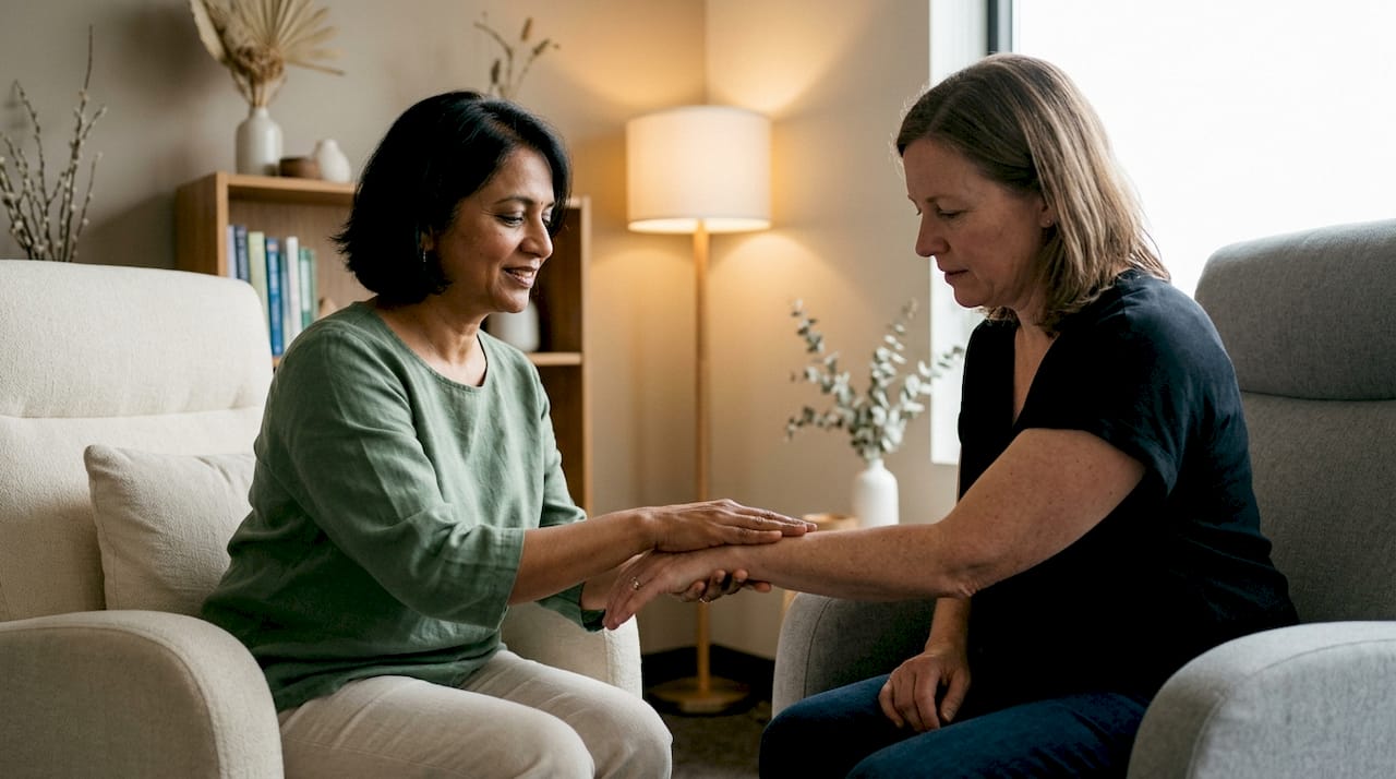 Therapist demonstrating somatic experiencing technique