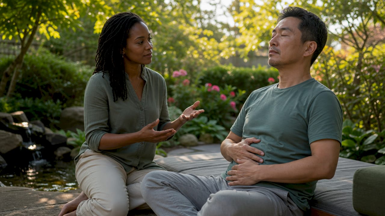 Therapist guiding client in somatic breathing exercise