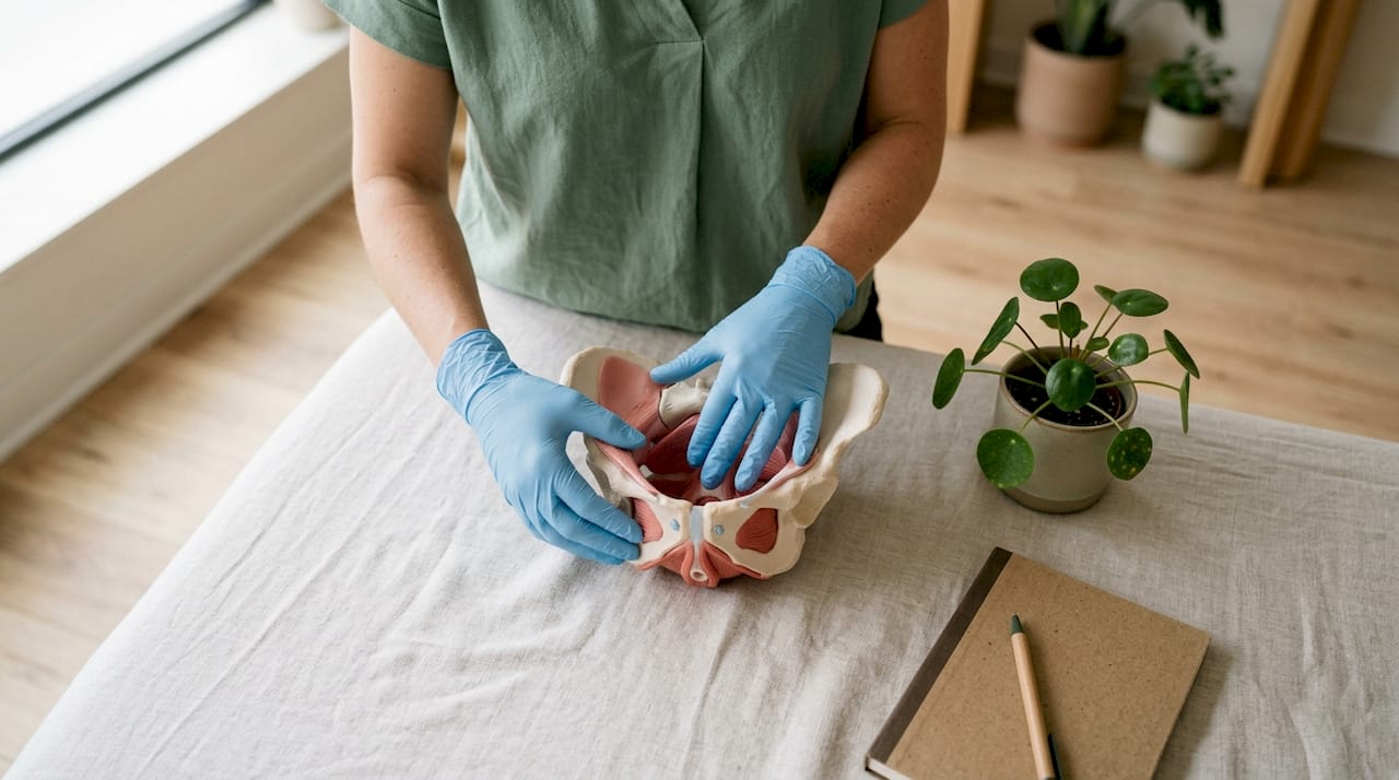 Clinician assessing pelvic muscle anatomy model