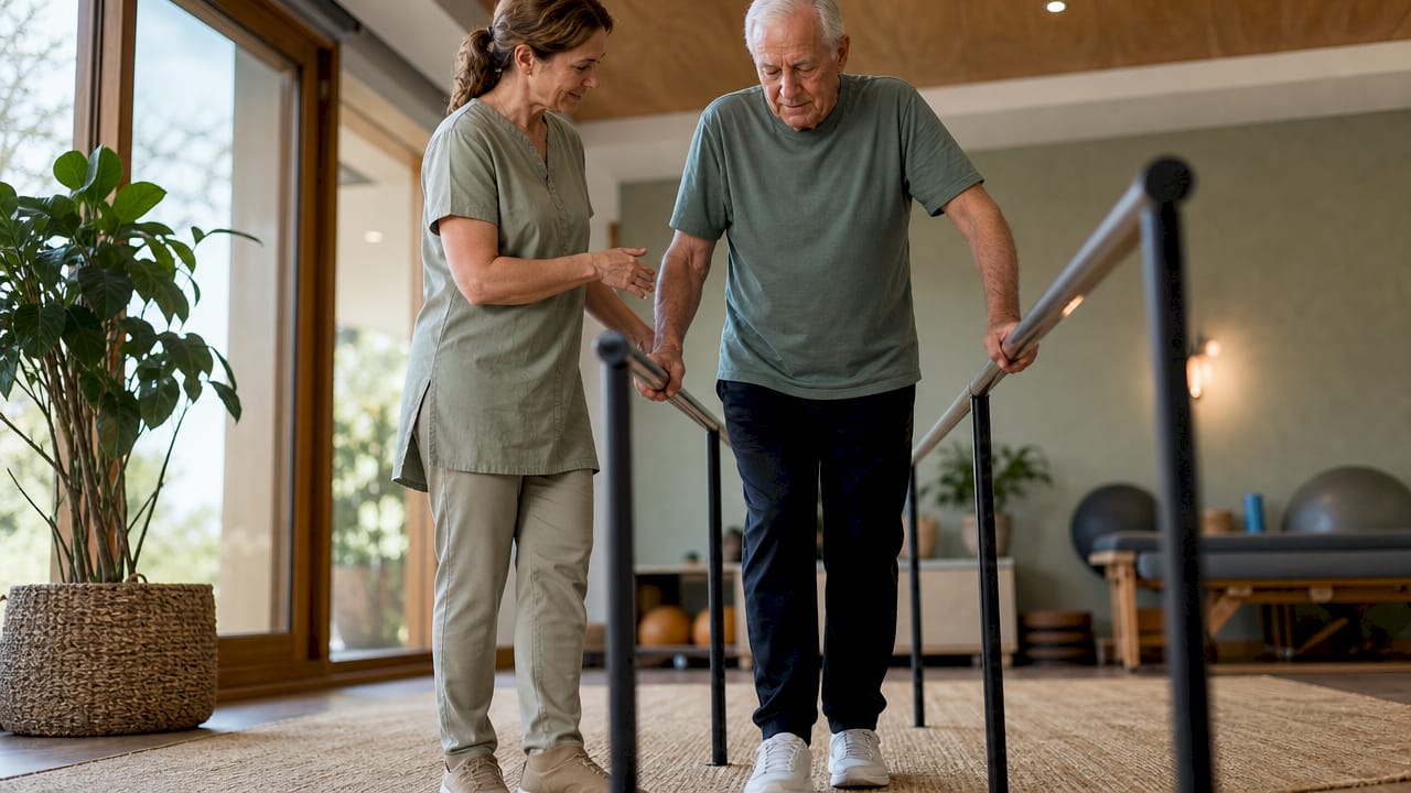 Physical therapist assisting patient balance exercise