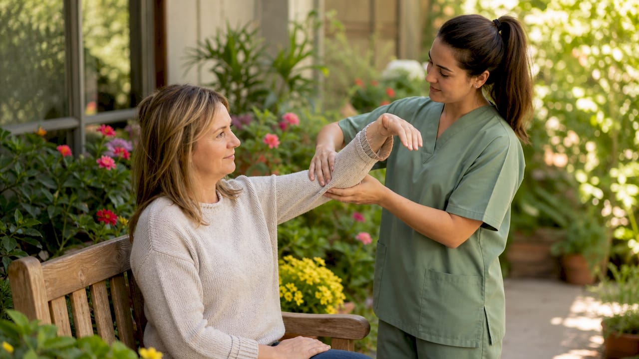 Therapist guiding patient's arm movement