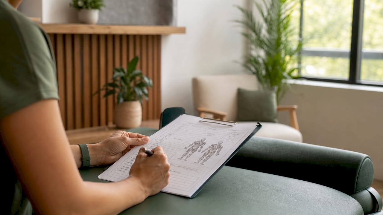 Therapist reviewing physical therapy patient chart