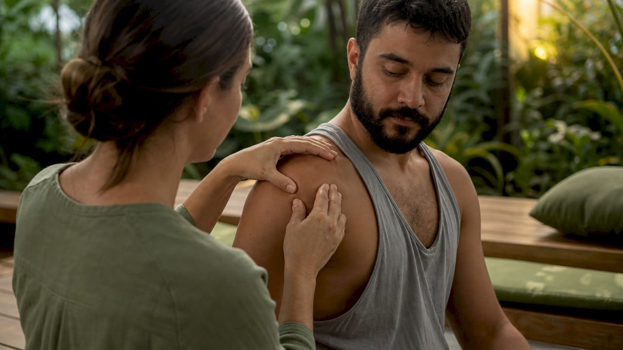 Therapist hands assessing patient shoulder pain