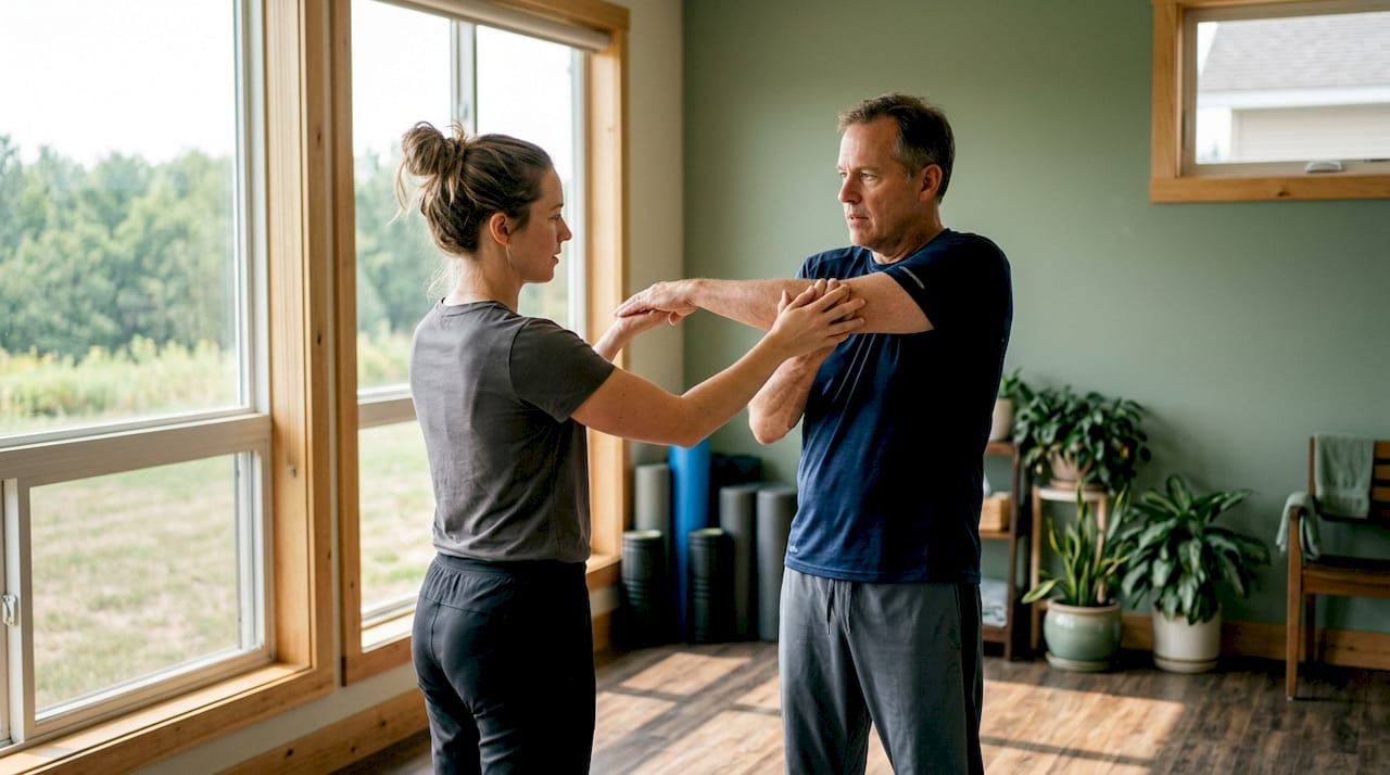 Physical therapist assisting patient in clinic